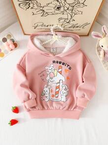 SHEIN Leap Crew 女婴可爱粉色卡通图案保暖连帽卫衣，适合秋冬季 - 粉色 - 查看 8