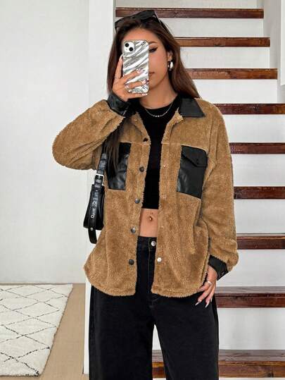 SHEIN EZwear 女士纯色拼接前扣长袖口袋简约休闲夹克