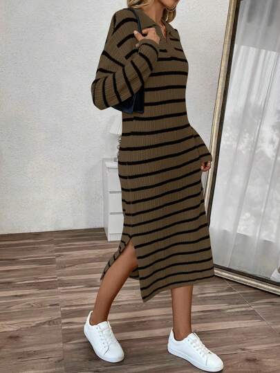 Chiquease 女士 POLO 领、V 领条纹低开叉休闲长款毛衣连衣裙