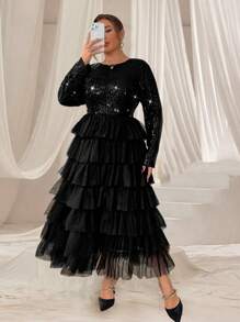 SHEIN Unity 大码亮片拼布分层网眼长袖连衣裙超长女装 - 黑色 - 查看 3