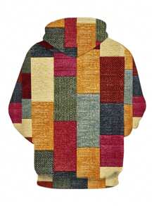 Men Spring And Summer Geometric Print Drawstring Hooded Long Sleeve Loose Sweatshirt, Fall