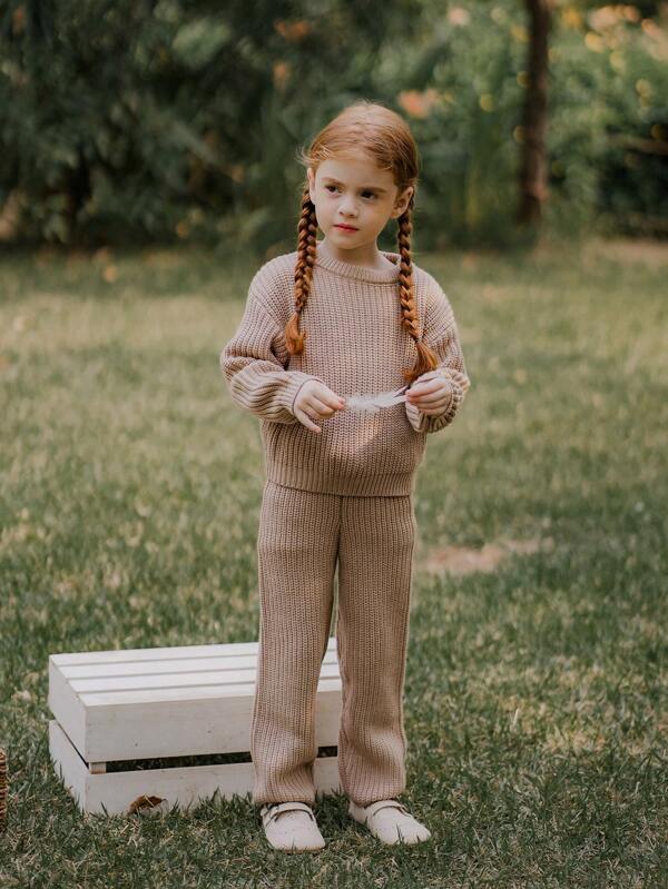 Vintaside Kids Young Girl Autumn/Winter Basic Style Solid Color Round Neck Sweater And Knit Pants Set, Simple And Comfy
