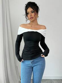 Chiquease Damen Lässig Gerafftes Off-Shoulder Langarm Figurbetontes T-Shirt, Herbst