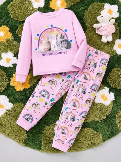 Animal Planet X SHEIN Set pigiama da 2 pezzi per ragazze giovani, composto da Maglietta a maniche lunghe e pantaloni con stampe di coniglio, carote e cuori, comodo e ignifugo