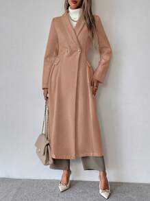 SHEIN Clasi Women's Solid Color Long Sleeve Elegant Cinched Waist Double-Breasted Jacket, Autumn/Winter Fall Cloth For Women - Brown - View 6