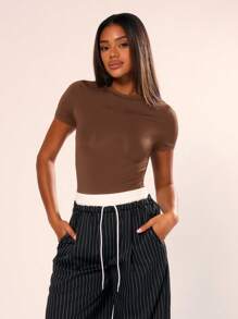 MUSERA Crew Neck Short Sleeve Bodysuit Fitted Casual Capsule Wardrobe Basic Everyday Business Office Work Back To School Autumn Winter Fall Brown Christmas