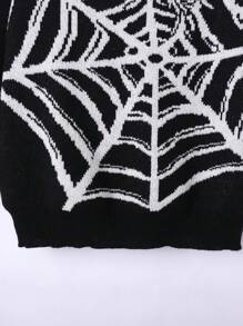 SHEIN Suéter de cuello redondo de manga larga con bordado de telaraña en blanco y negro casual para niños adolescentes, adecuado para otoño, invierno, cálido, escuela, hogar, diario, deportes, calle, concierto punk, versátil, simple