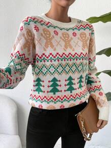 Chiquease Suéter informal de manga larga con cuello redondo, estampado de geometría y hombre de jengibre, versátil para mujer - Blanco - Ver 5