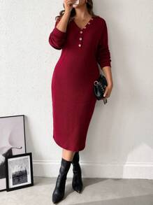 SHEIN LUNE Vestido elegante de manga larga con botones y textura estriada de unicolor para mujer talla grande, otoño