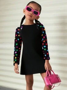 Váy suông tay raglan đan họa tiết trái tim cho bé gái - màu đen - Xem 6