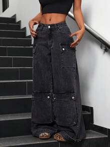 SHEIN ICON Women's Front Button Pocket Casual Jeans, Daily Wear