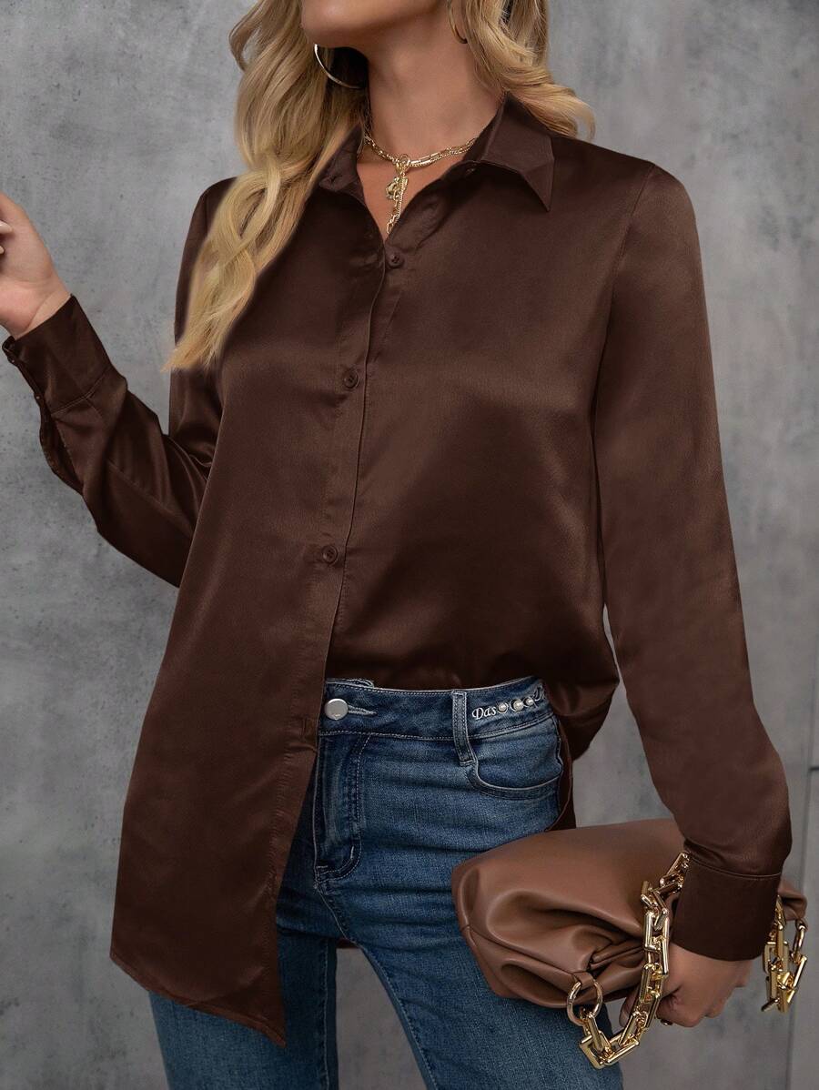 EMERY ROSE Women Casual Minimalist Front Button Up Shirt, Commuting Style, Autumn Fall Cloth For Women - Coffee Brown - View 1