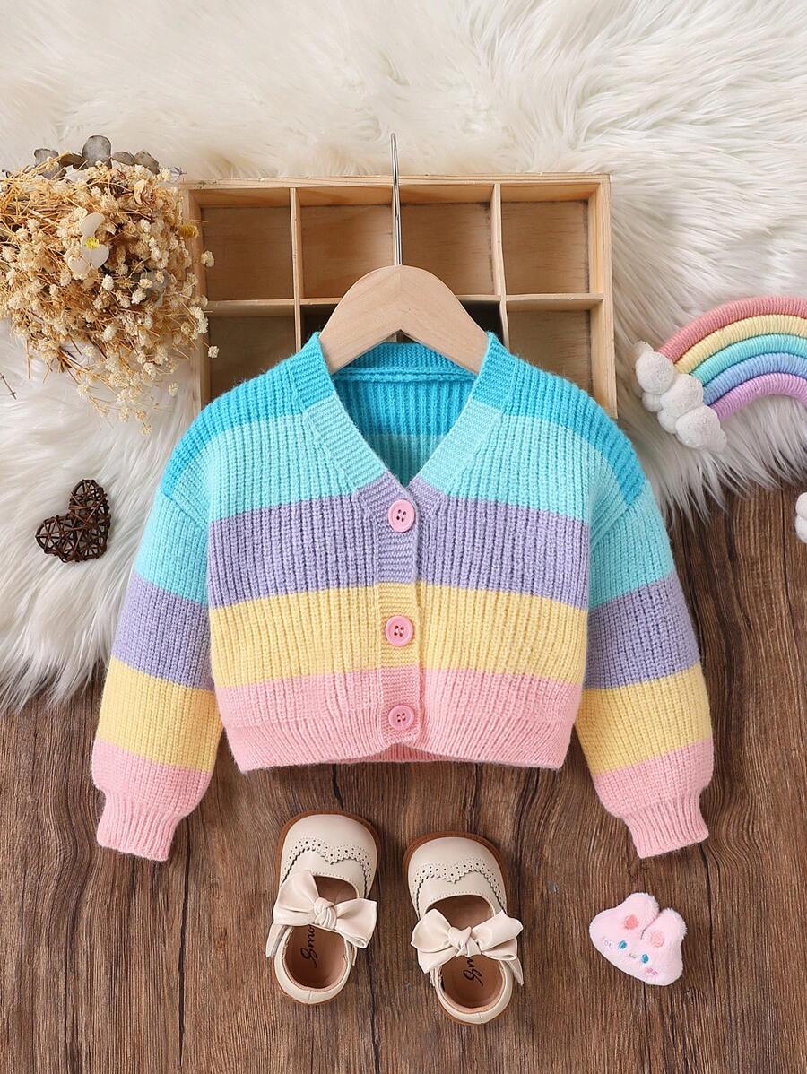 女宝宝多色时尚休闲潮流可爱柔软简约保暖百搭优雅彩虹条纹 V 领短针织开衫，适合居家、日常穿着、外出、聚会、秋冬季 - 淺藍色 - 查看 1