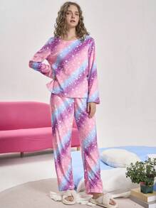 Plush Rainbow Women Pajama Set, Autumn/Winter - Multicolor - View 3
