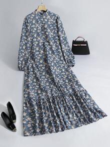 Al Najma 女式休闲碎花端庄长袖阿拉伯长裙，秋季蓝色碎花连衣裙cottagecore 连衣裙