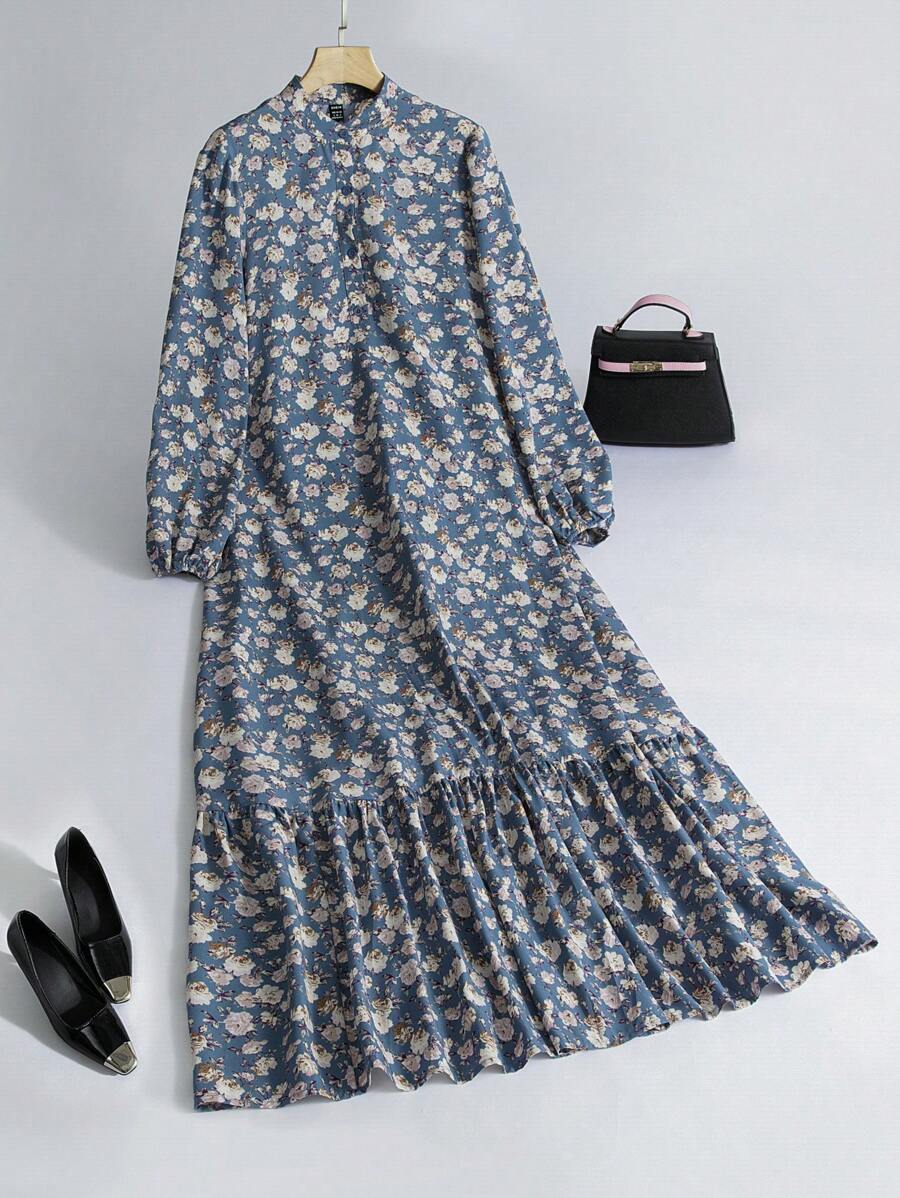 Al Najma 女式休闲碎花端庄长袖阿拉伯长裙，秋季蓝色碎花连衣裙cottagecore 连衣裙