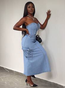 Slaydiva 女士时尚牛仔吊带背心连衣裙，后开衩纽扣，夏季 - 淺色水洗藍 - 查看 2