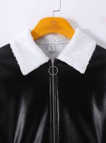 SHEIN 少女黑白蓬松加厚PU面料保暖个性百搭夹克 - 黑色 - 查看 4
