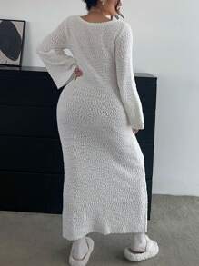 Celure Plus Size Textured Knit Crew Neck Crochet Elegant Long Dress, Autumn/Winter