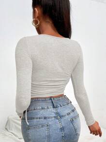 RueChic Women's Solid Color Square Neck Long Sleeve Drawstring Side T-Shirt, Autumn - Cream - View 2