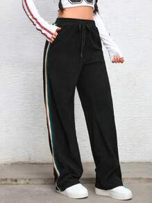Pantalones de pana con rayas laterales para mujeres, ideales para el otoño, Acción de Gracias y Navidad - Negro - Ver 5