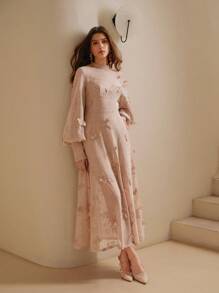 Anewsta Vintage Elegant Hollow Lace Embroidered Butterfly Round Neck Lantern Sleeve Tiered Waist Midi Dress, Autumn Maxi Women Outfit