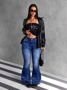 SHEIN ICON Women Front Button Minimalist Denim Jeans, Casual Daily Wear - Blue - View 5