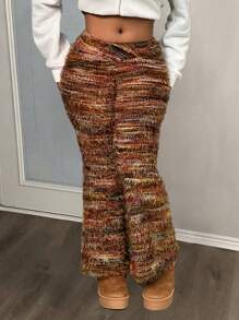 Slaydiva Pantalones acampanados de punto con cuello en V y cintura cruzada, pantalones largos esponjosos para mujer