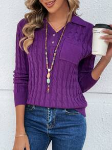 EMERY ROSE Women's Turndown Collar Half Zip Up Cable Knit Long Sleeve Sweater - Purple - View 1