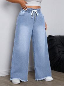 SHEIN ICON Plus Size Solid Color Drawstring Pocket Casual Versatile Boyfriend Jeans - Light Wash - View 3
