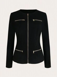 SHEIN Clasi Women's Minimalist Zipper Waist Long Sleeve Jacket - Black - View 4