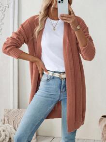 SHEIN LUNE 1 件纯色长款休闲针织开衫，百搭长袖前开襟 - 亮橙色 - 查看 3