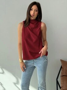 Aloruh Minimalist Commuter White Sleeveless Ruched H-Shaped Hem Woven Blouse For Women, Spring/Summer - Burgundy - View 4