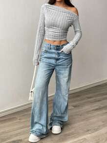 SHEIN Unity 腰部褶皱设计纹理羊毛插肩袖 T 恤，灰色 - 灰色 - 查看 6