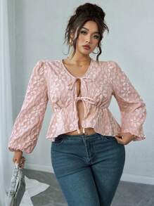 Flirla Blusa con mangas de farol, dobladillo con volantes, cierre delantero con lazo, diseño jacquard floral, talla grande, otoño - Rosa - Ver 6