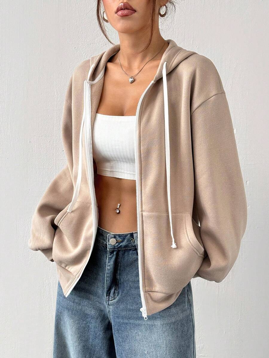 Muchica 1pc Women Khaki Color Thermal Lined Hooded Zipper Sweatshirt, Autumn/Winter - Khaki - View 1