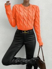 Chiquease Women's Casual Daily Solid Color Cable Knit Pullover Sweater Knit Pullover Fall Winter - Orange - View 5