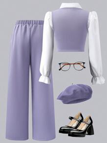3pcs Tween Girl Outfit : Collared Shirt + Cardigan Vest + Pants Set - Purple - View 2