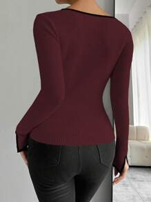 Chiquease Black Trim, Slit Cuffed, Casual Fitted Women Sweater Knit Pullover Fall Winter Outfit - Multicolor - View 2