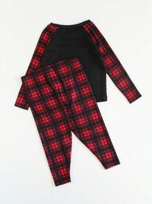 SHEIN 2 stuks Baby Boy Snug Fit Kerstmuts Grafische Ronde Hals Raglan Mouw T-shirt & Geruite Patroon Broek Casual Comfortabele Pyjama Set, Herfst/Winter