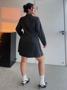Flirla Vestido camisa de rayas negras y blancas talla grande, cintura ajustable, informal y elegante