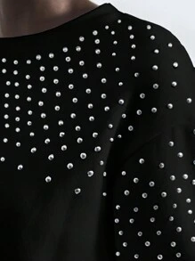 SHEIN Maija Women's Autumn Rhinestone Embellished Round Neck Drop Shoulder Casual Sweatshirt