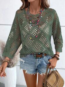 SHEIN PETITE Vacation Style Hollow-Out 3D Floral Pattern V-Neck Loose Pullover Sweater Knit Pullover Fall Winter - Green - View 3