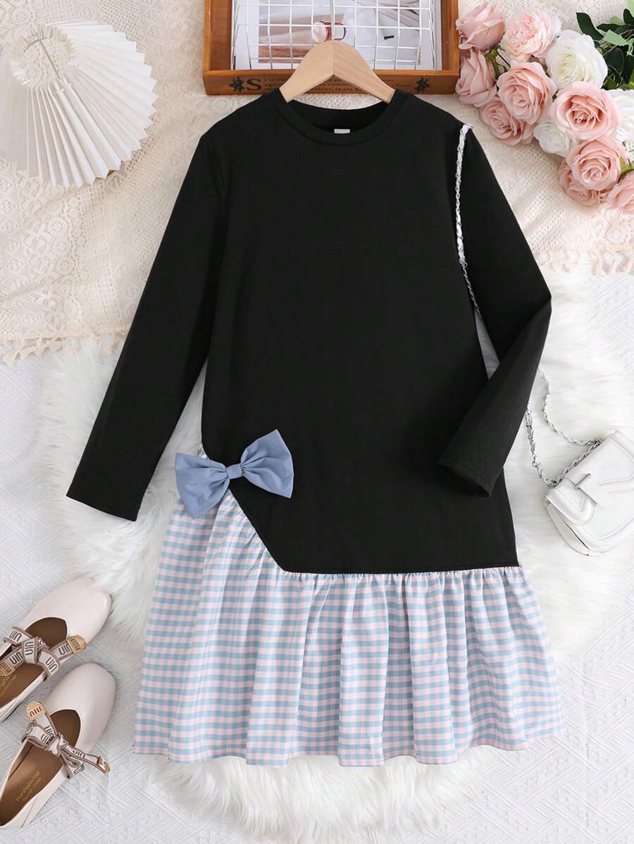 SHEIN Leap Crew Váy dài tay cổ tròn kẻ caro chắp vá thường ngày cho bé gái tuổi teen - màu đen - Xem 1