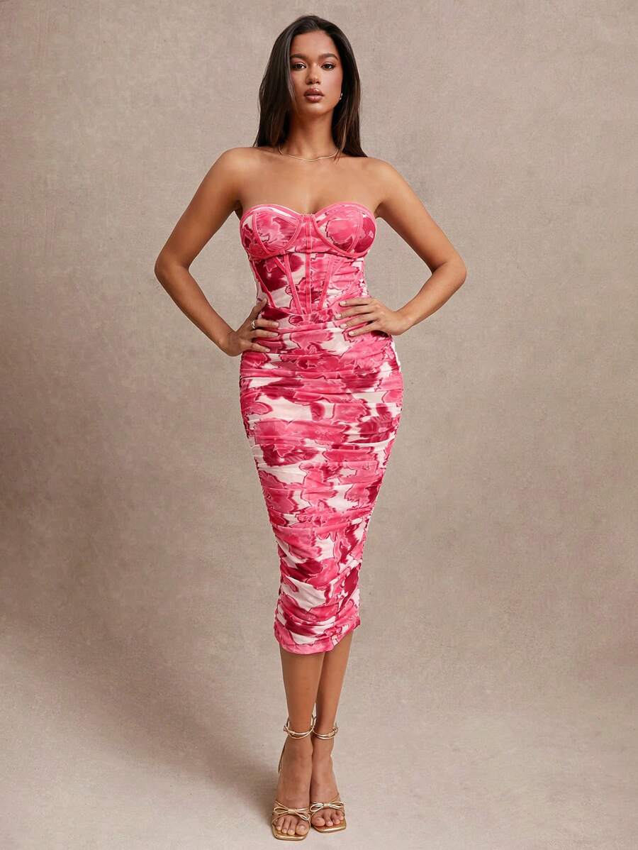 SHEIN BAE 情人節性感無肩長袖長款收腰優雅女裝洋裝