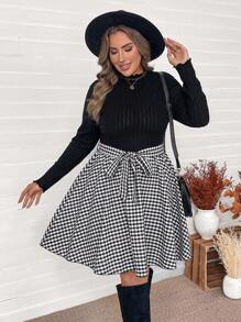 SHEIN VCAY Plus Size Casual Contrast Gingham Print Lettuce Trim Belt Decor Dress, Suitable For Spring And Autumn - Multicolor - View 6
