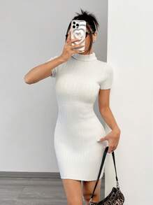 SHEIN EZwear 女士纯色高领紧身针织连衣裙，秋季 - 白色 - 查看 3