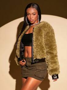 SHEIN SXY Women's Chic Olive Green Winter Fur Coat,Black Leather Patchwork Fluffy Jacket With Zipper,Club Night Vintage Party Date Soft Warm Fluffy Outerwear - Green - View 7