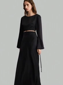 Ontre 1 件女士纯色长袖腰镂空简约超长宴会连衣裙，休闲日常穿着 - 黑色 - 查看 1