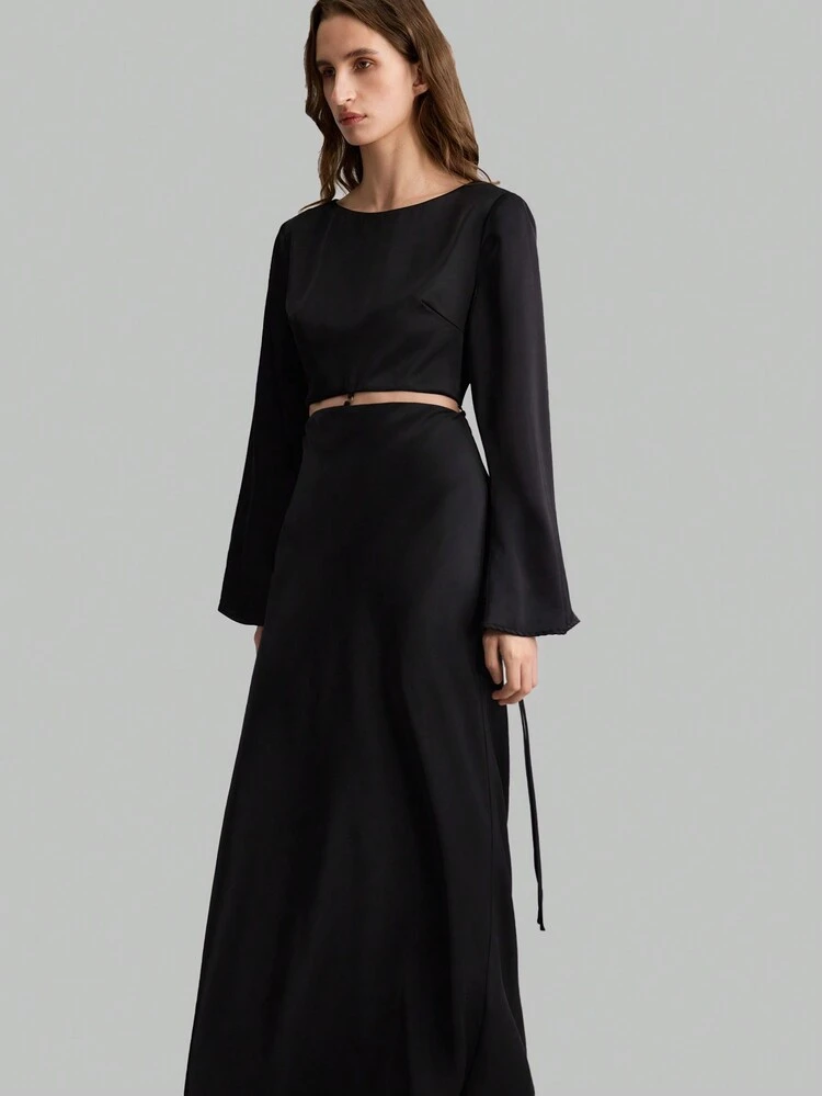 1pc Women's Plain Color Long Sleeve Waist Hollow Minimalist Extra Long Banquet Dress, Casual And Daily Wear